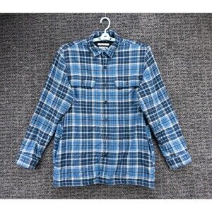 LL Bean Shacket Mens Medium Blue Plaid Flannel Fleece Lined Cabincore Outdoor